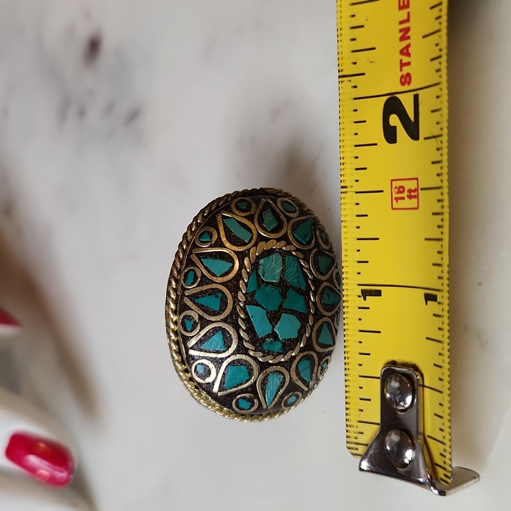 Turquoise & Brass Statement Ring Adjustable From … - image 3